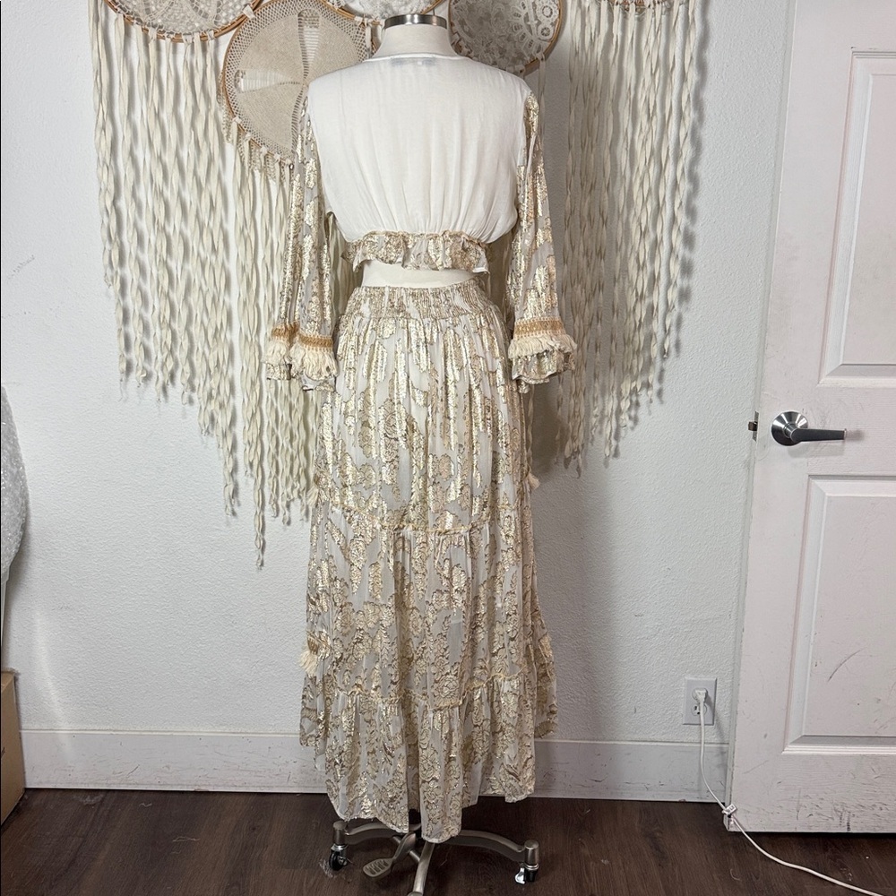 Papa Pia Crean and Gold Cropped Top and Maxi Skirt Festival Gypsy Set O/S - Picture 6 of 12